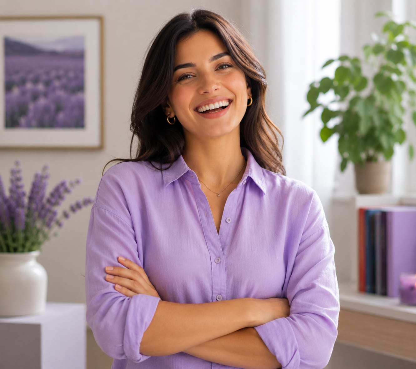 Woman in lavender, arms crossed, confident