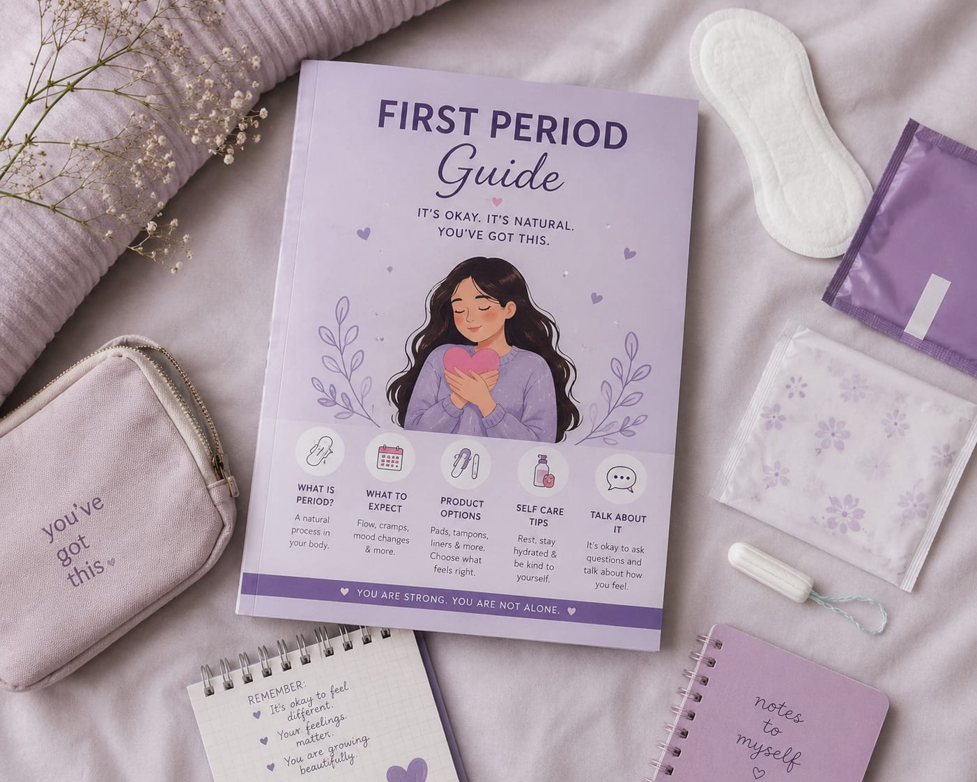 First period guide book flatlay